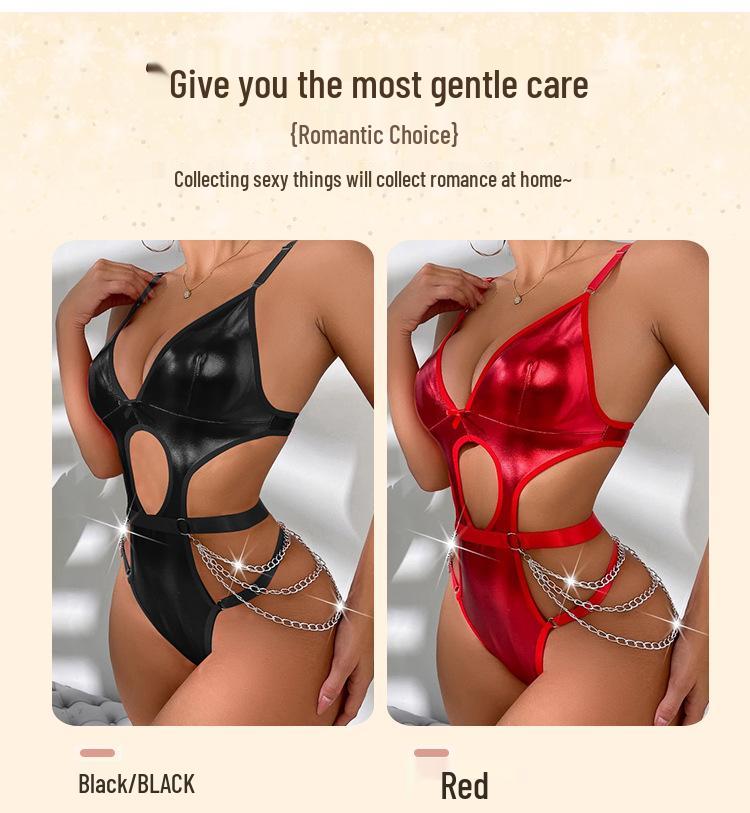 European & American Patent Leather Chain Hollow Bodysuit - Sexy Lingerie Set