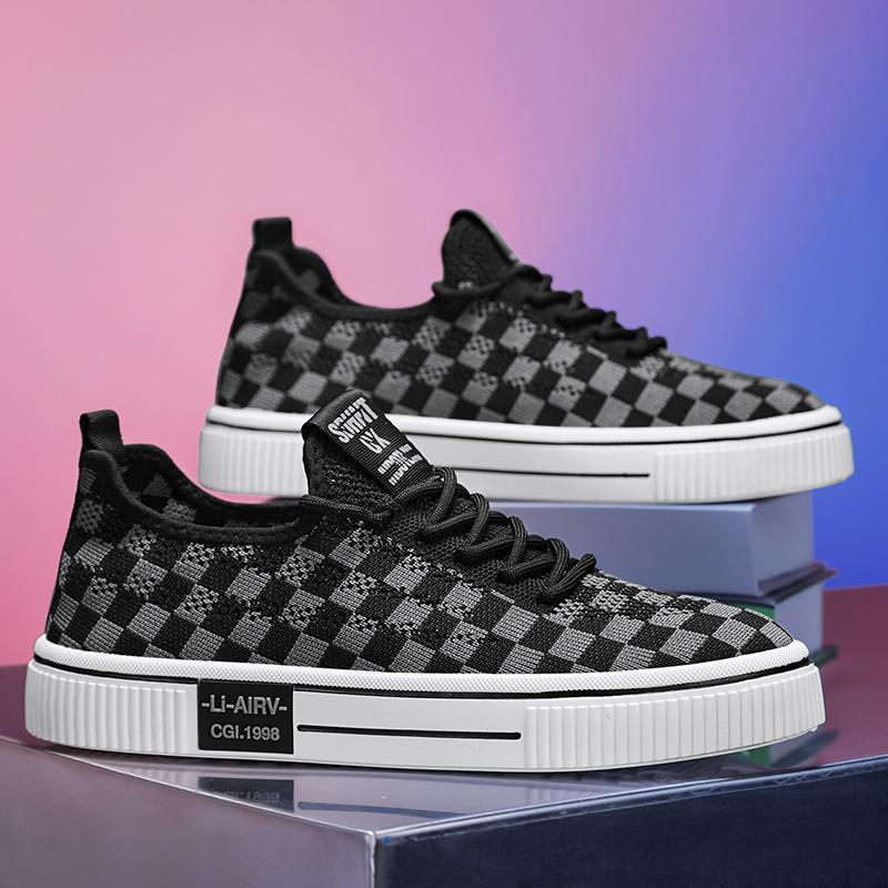 Spring New Men's Fashion All-match Breathable Flying Mesh Surface Sports Casual Plaid Board Shoes Anti-slip Wear