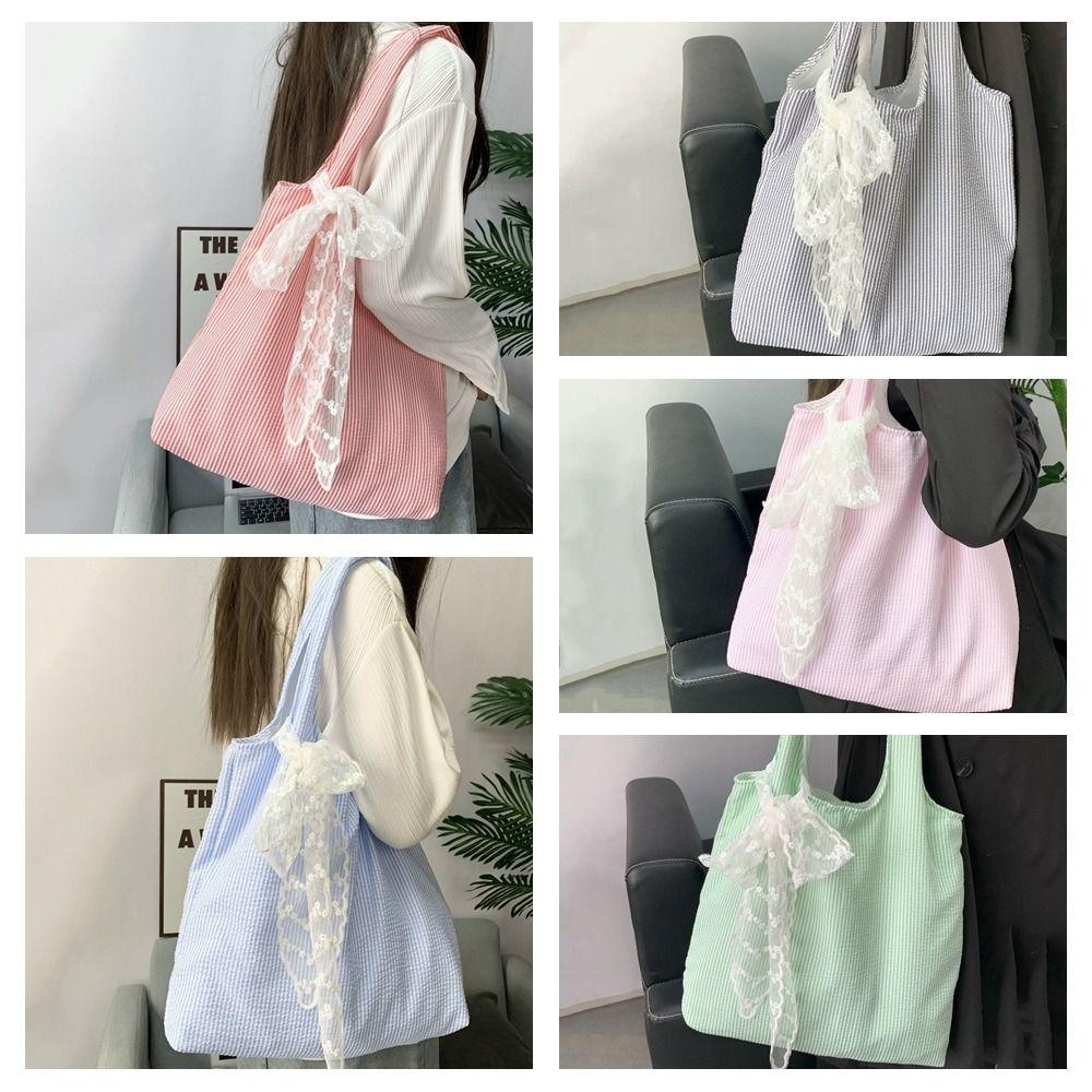 Canvas Striped Shoulder Bag Literary Style Large Capacity Underarm Bag Canvas Hobo Bag  Shopping