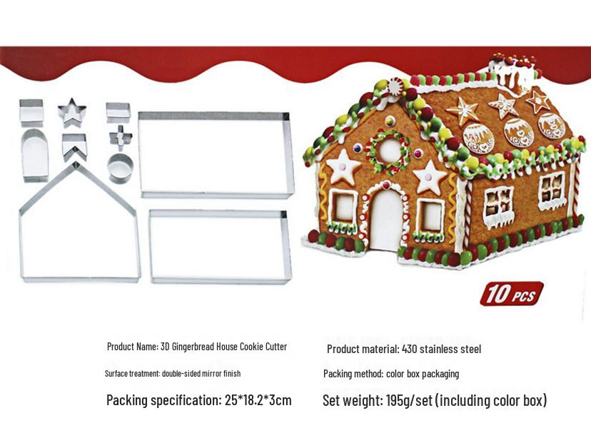 3D Edelstahl Weihnachts Lebkuchenhaus Ausstechform Set (10-teilig)