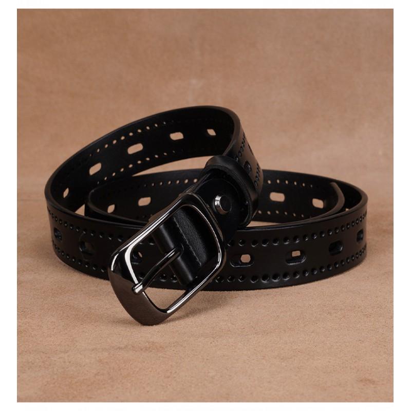 Womens Genuine Leather Belt With Hollow Design Slim Width 2-4cm Adjustable Length Black Coffee Business Casual Pants Jeans