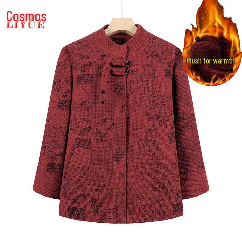 Stylish Chinese-Style Wool Coat for Middle-Aged and Elderly Women - Thickened Velvet Outerwear for Autumn and Winter