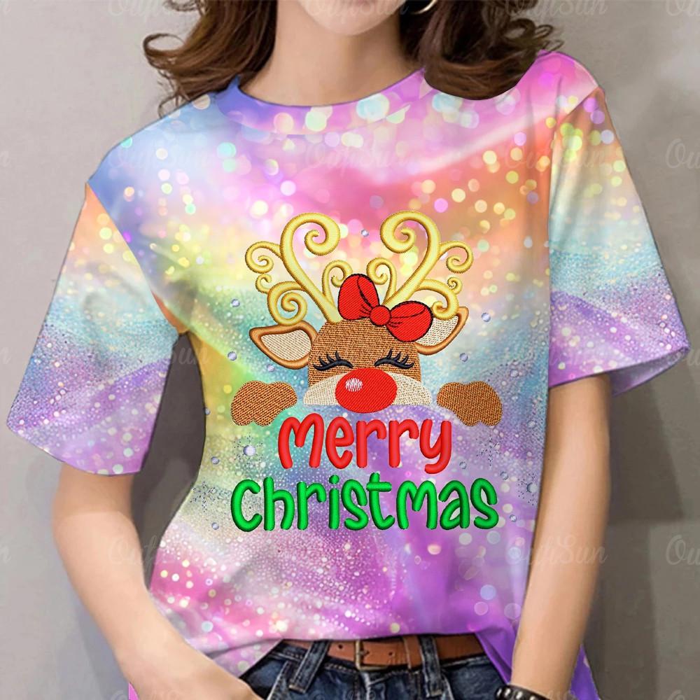 2026 New Christmas Rainbow & Red T-Shirt - Fashionable Full Sublimation Print for Women