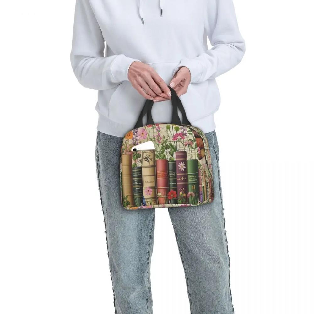 Floral Bookshelf Book And Flower Insulated Lunch Bag for Women Children Leakproof Food Boxes Thermal Lunch Box Tote