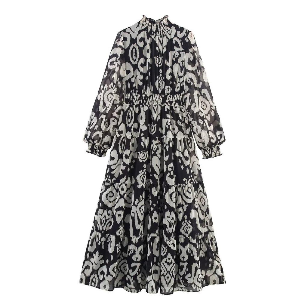 European & American Style French Women's Printed Chiffon Waist-Cinching Long Dress