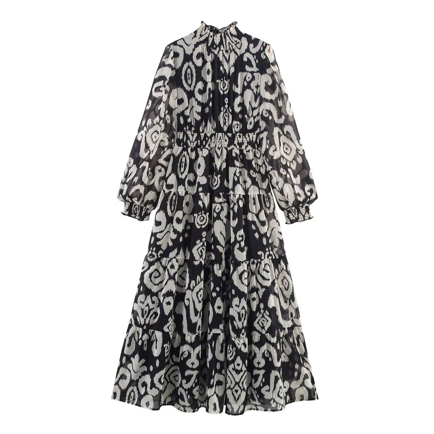 European & American Style French Women s Printed Chiffon Waist-Cinching Long Dress Large