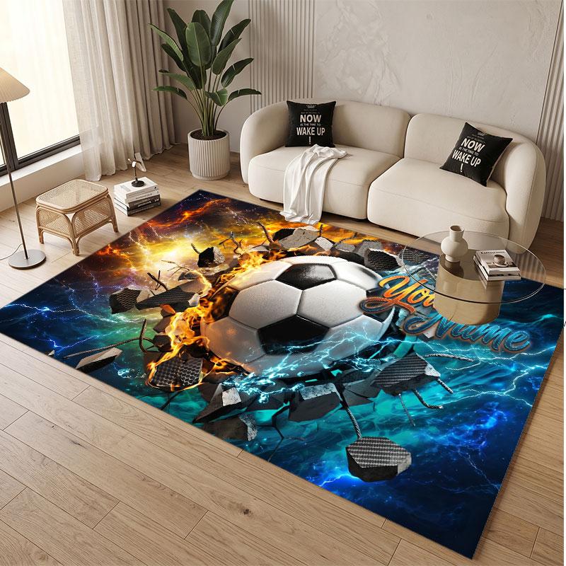 Fußball-Thema Weicher Kristall-Samt Teppich Benutzerdefinierter Name & Text Druck Rutschfester Boden Teppich für Schlafzimmer Wohnzimmer