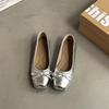 Fairy wind gentle Mary Jane shoes female summer new bow square head flat sole shoes silver light mouth beanie shoes