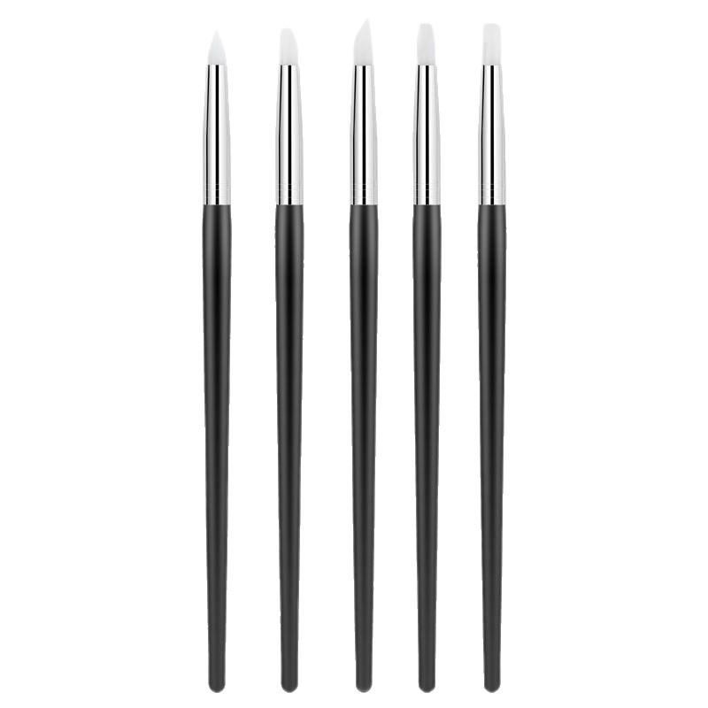 5-Piece Silicone Nail Art Brushes with Black Handles - For Carving, Embossing, Gradient, Blending, and Mirror Powder Application.