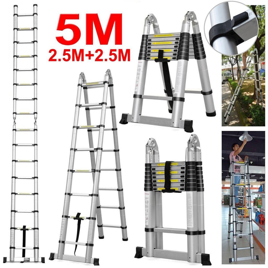 16.5FT(8.2ft+8.2ft)/5M Multi-Purpose Telescopic Aluminium Ladder,Extendable Folding Ladder, Non-Slip Steps, 150 Kg Load Capacity