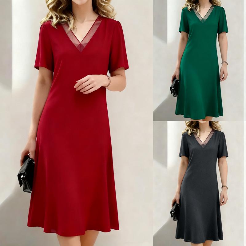 European & American Women s V-neck Loose Short-sleeve Mid-length Summer Dress 2026 XL