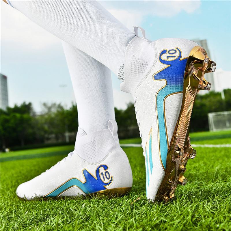 New electroplated gold-soled high-top spike football shoes, competition training shoes, indoor and outdoor sports shoes