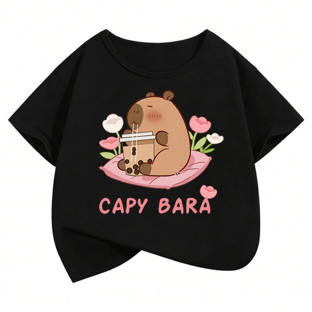 Kawaii Capybara Kids Tshirts Summer Short Sleeve Tees Cartoon Animal Boys Girls Clothes Kawaii Tops Y2K Children T-shirt
