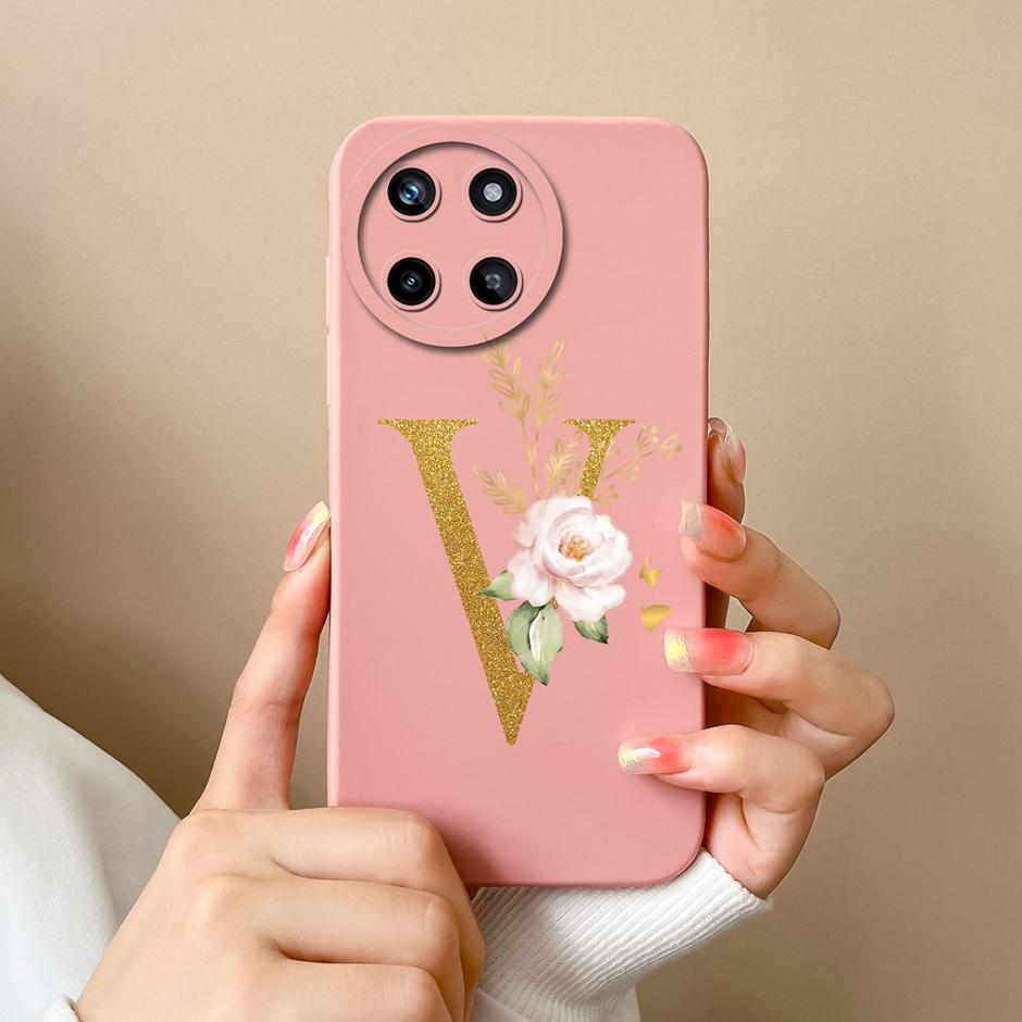 For OPPO Realme 11 4G Phone Case Cute Flower Letters Matte Liquid Silicone Back Cover For Realme11 4G Shockproof Ultrathin Shell