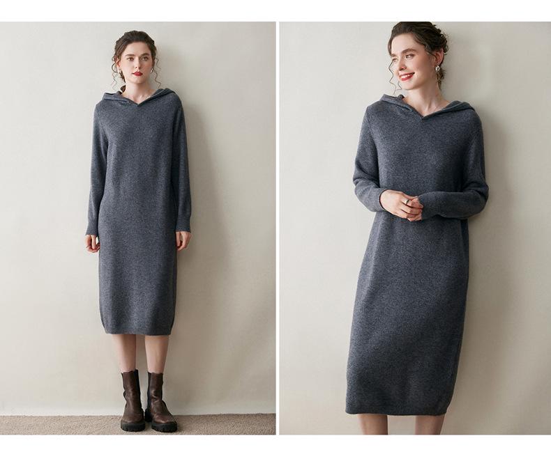 Autumn/Winter Hooded Wool Knit Sweater Dress - Solid, Loose, Soft, Warm, Mid-Length Cashmere.