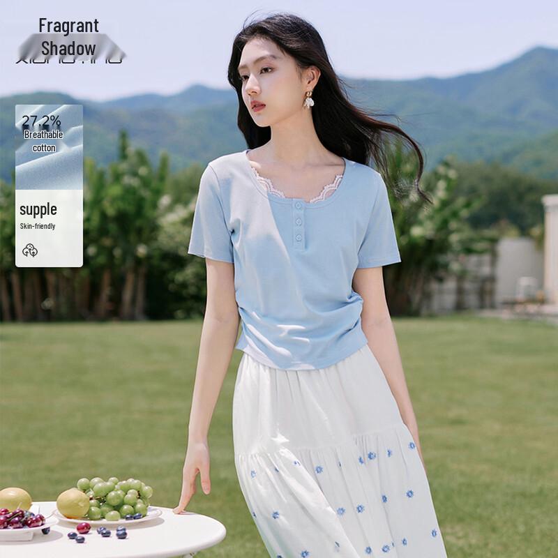 Xiangying Women s Lace-Trim Ballet Style Slim Fit Short Sleeve T-Shirt M