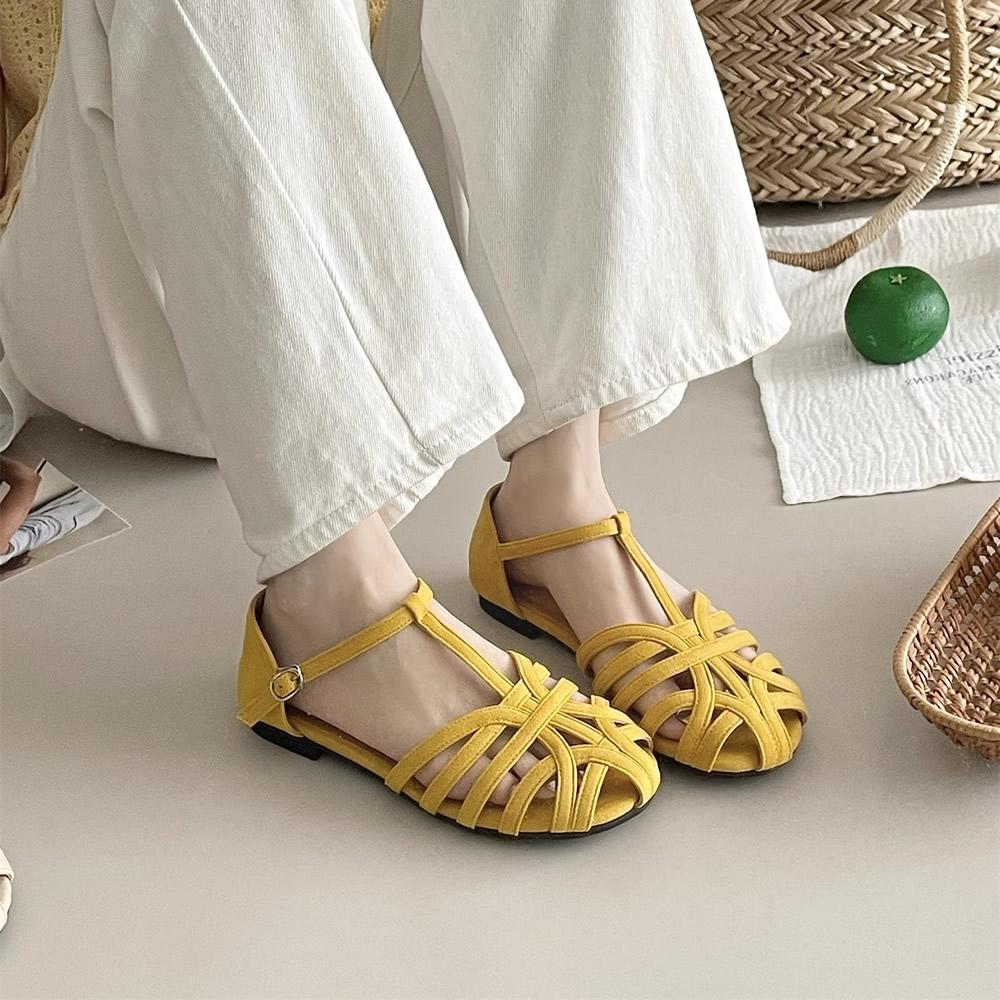 

Бежевые босоножки на каблуке Модная женская обувь 2025 Пряжка Открытый носок Большой размер Черный Роскошный Новый Низкий Комфорт Пип Плоский Большой Летний 34 жёлтый