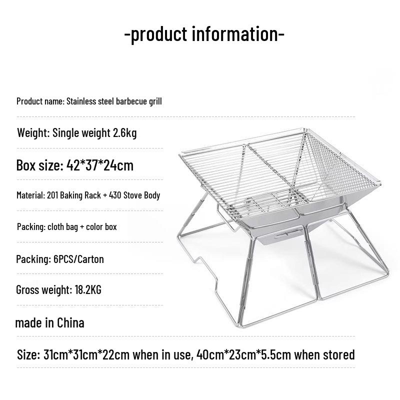 Portable Stainless Steel Folding BBQ Grill and Wood Stove for Outdoor Camping