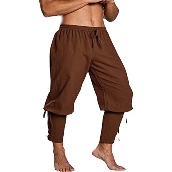 Pantaloni da Uomo Medievali Vichinghi Pirata con Cinturino alla Caviglia Elastico in Vita Larga Pieghettati Allacciati Monocromatici Pantaloni Corti Costume da Performance Cosplay