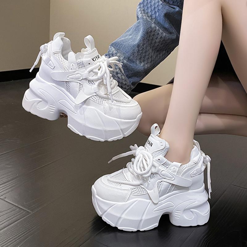 Fashion 9.5CM Women Casual Leather Sneaker Autumn Lace up High Platform Shoes Thick Sole Sport Dad Shoes Woman Sneakers Chaussure Femme