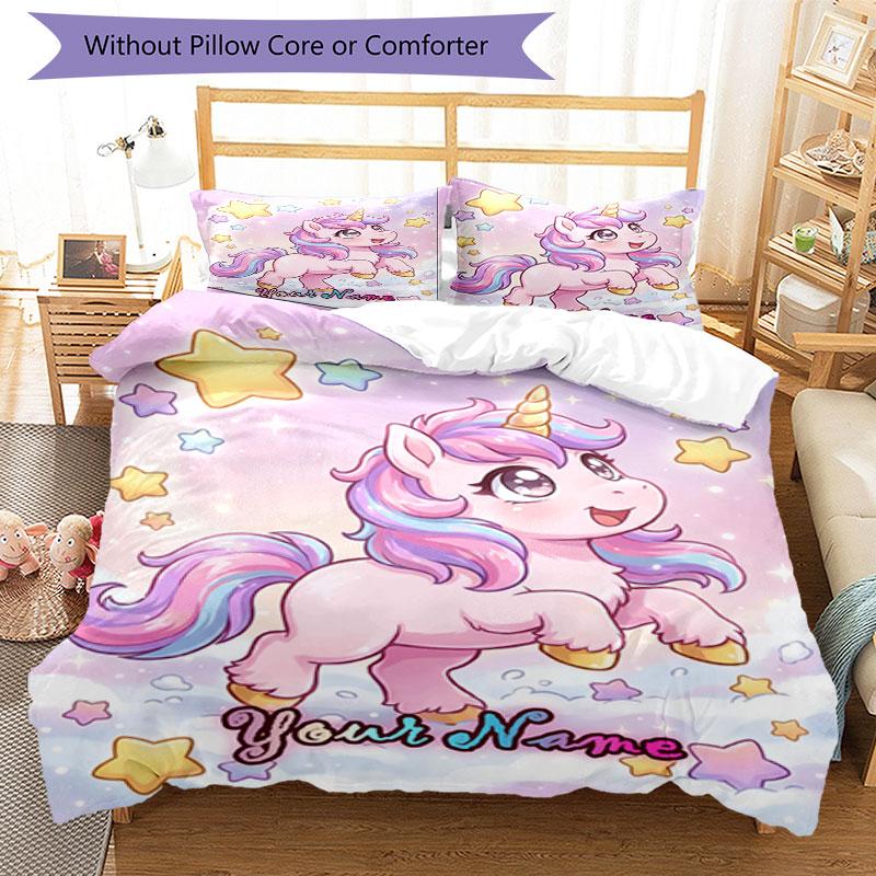 3pcs Custom Name Magical Unicorn Dreams Bedding Set Printed Bedding Set Duvet Cover Closure Includes 1 Duvet Cover & 2 Pillowcases Bedroom Decor