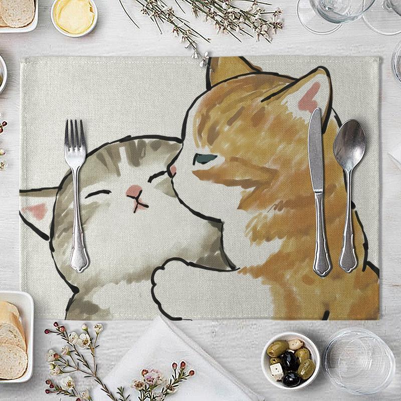 Cartoon Cat Placemat Cotton Linen Table Mat Kawaii Cats Animal Pattern Place Mats For Children Kids Kitchen Dinning Coaster Pad
