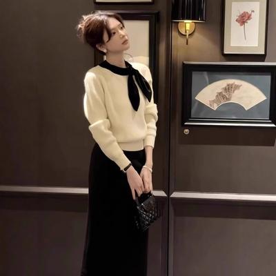 Gentle Style White Temperament Bow Tie Sweater for Women In Autumn and Winter Unique and Unique Knitted Sweater Inner Top