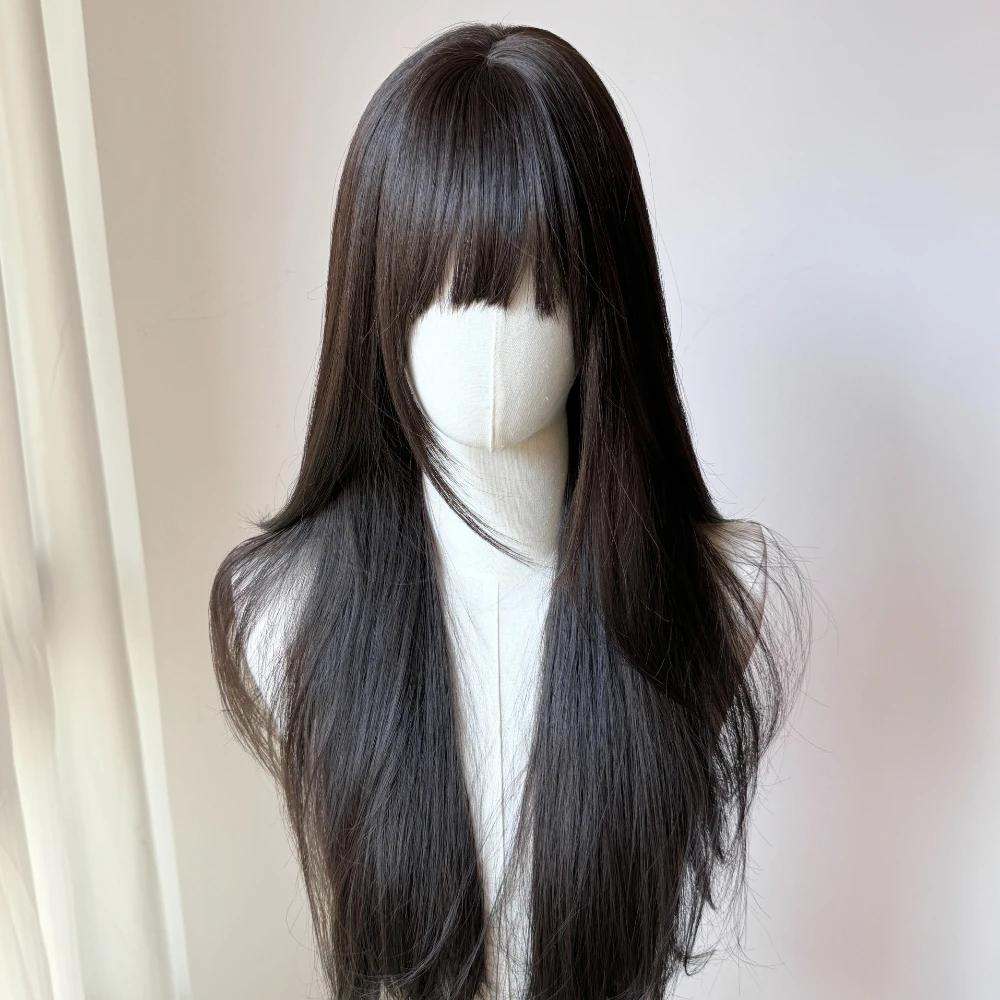 Schwarze Perücke mit Pony Lang Glattes Haar Koteletten Japanische JK Schwarze Lolita Simulationshaar Stirnband Perücken
