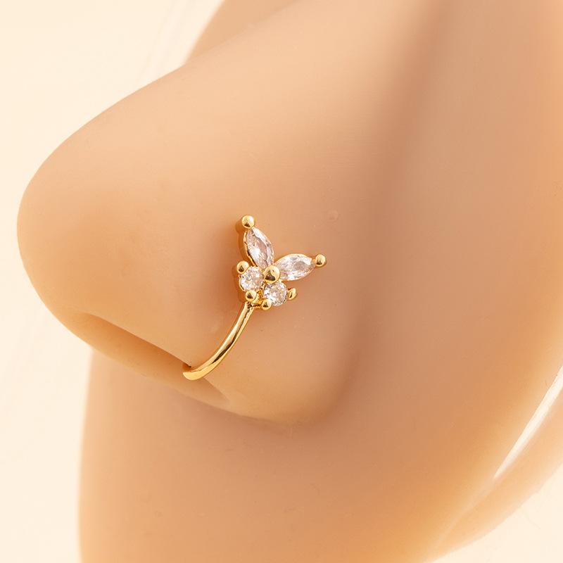 Windfreier Nasenpiercing-Ring, Einfacher Kupfer-Mikro-Eingelegter Zirkon Schmetterling Filigran U-förmiger Nasenclip, Trendiger Cooler Nasenschmuck
