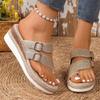 Large-sized Belt-buckle Wedge Heels Flip-flops Women's Hollowed-out Thick-soled Shoes Beach Slippers