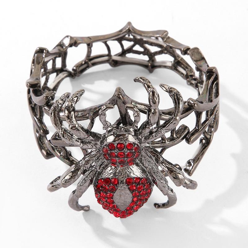 1 Stück Punk Spinnen-Thema Persönlichkeit Armband - Schwerlast Zinklegierung Schwarz Rot Strass Spinnennetz mit Spinnenanhänger, Elastisches Band Design