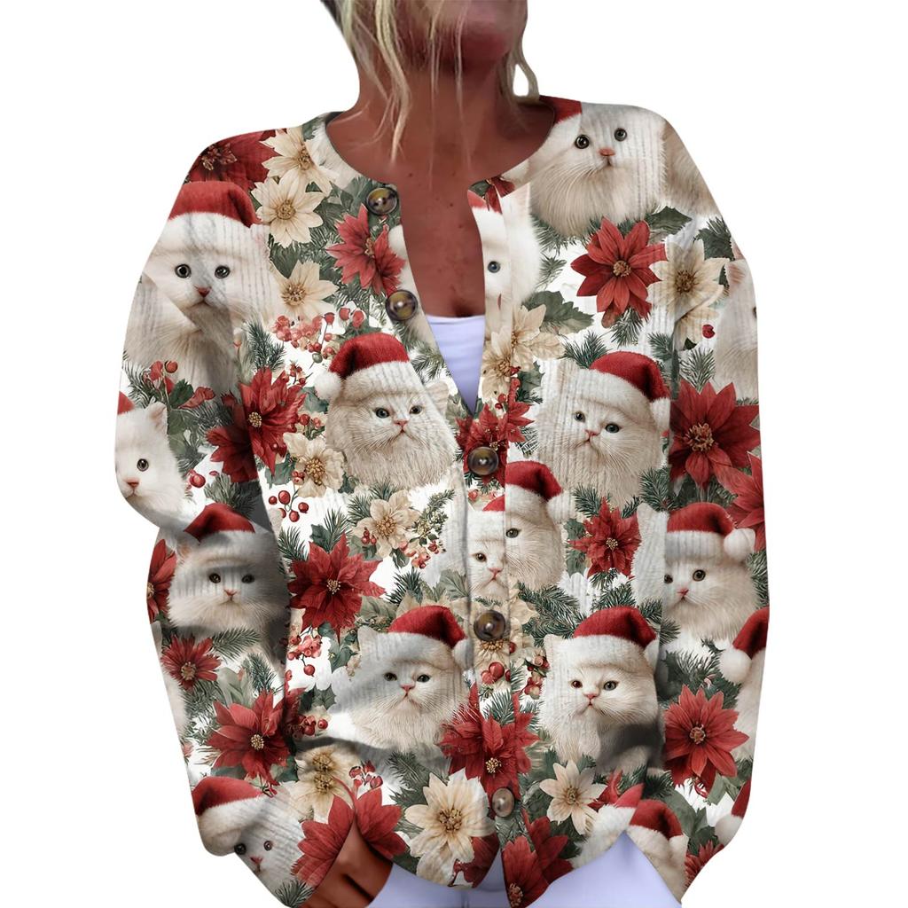 Women's Fashion Christmas Printed Long Sleeve Knitted Cardigan Button Down Jacket