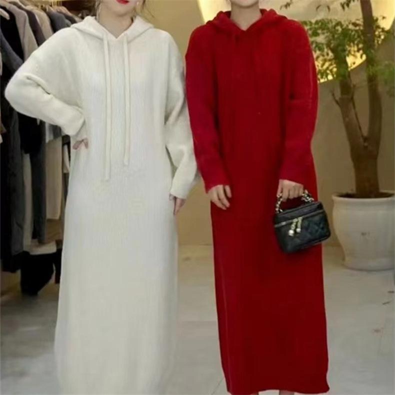 Solid color temperament gentle wind fashion knitted primer dress women's red atmosphere bright silk hooded sweater long dress