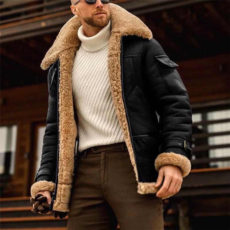 Winter Faux Leather Jackets Men Fleece Turn Down Collar Motorcycle Coat Solid Cargo Warm Thick Windproof Zipper Casual Outwear