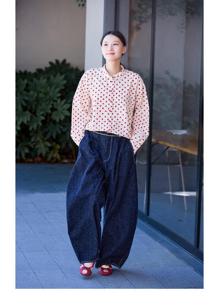 Spring Retro Beige & Red Polka Dot Cotton Casual Loose Shirt