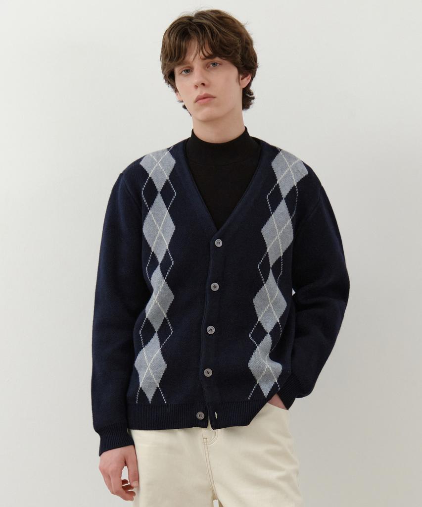 Wednesday Oasis Classic Argyle V-Neck Knit Cardigan_Navy(Wc25-Kn64)