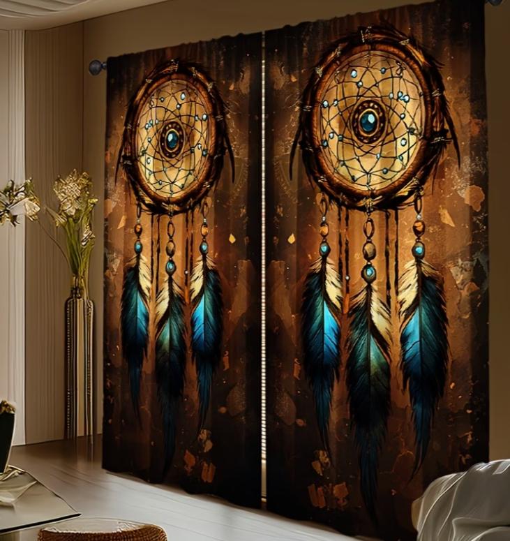 2pcs Curtains Featuring Dreamcatchers with Native American Elements for Home or Office Decor