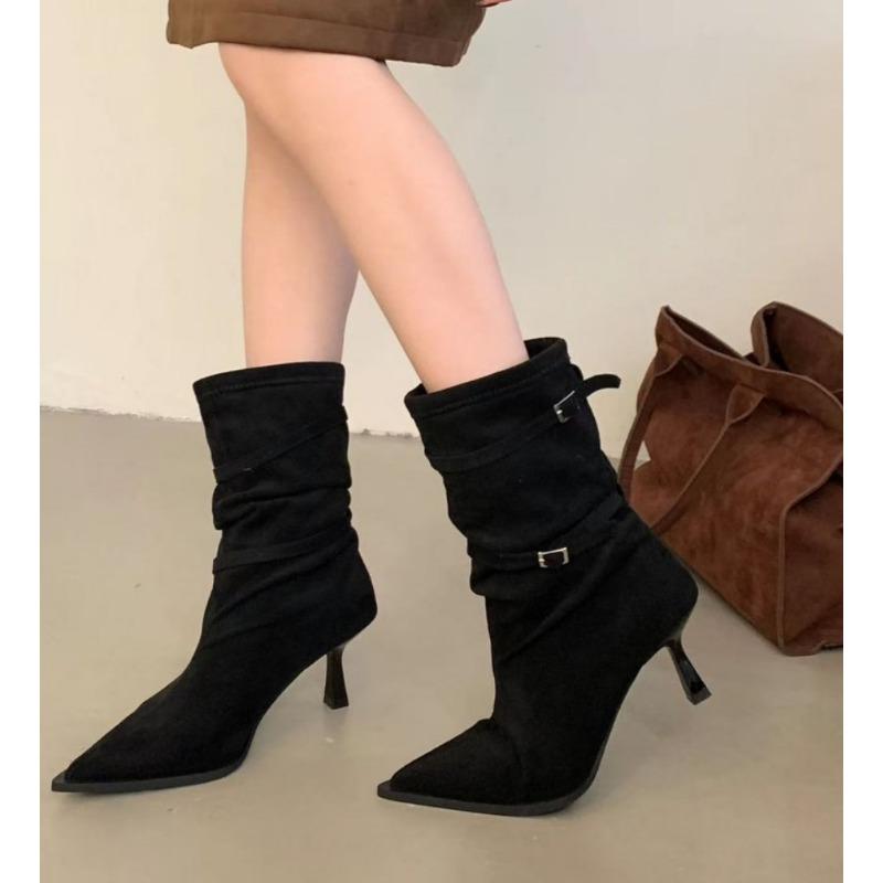 2025 Fashion New Thin Heel Short Boots Fashion Buckle Suede Pleated Modern Boots Versatile Pointed Toe Women's Stiletto Heels