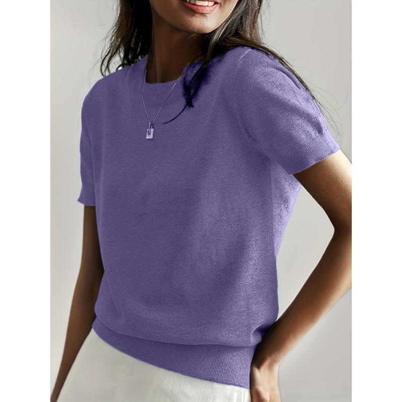 

Round Neck Summer Short Sleeved Knit Sweater Pullover Thin Loose Casual Women s Top Solid Color Elegant Fashion Shirts Office Simple Basic Blouse XXL фіолетовий