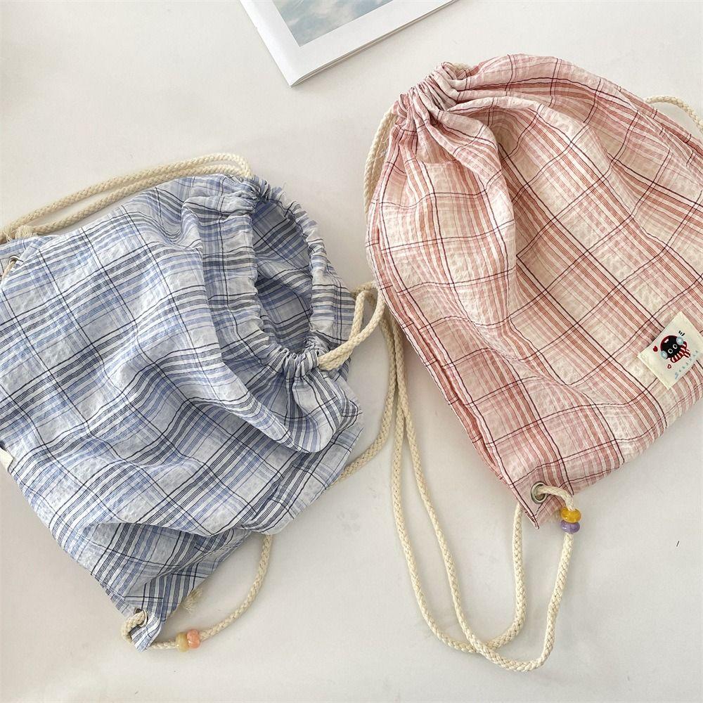 Vintage Korean Plaid Drawstring Bag Y2K Aesthetic Harajuku Plaid Backpack Casual Lightweight Student Schoolbags Outdoor