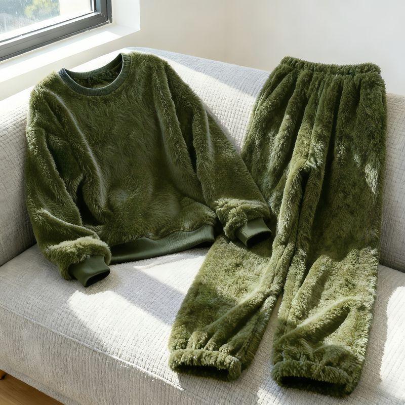 Autumn Winter Women plus size Pajamas Thickened Flannel Loungewear Crew Neck Loose Loungewear Set