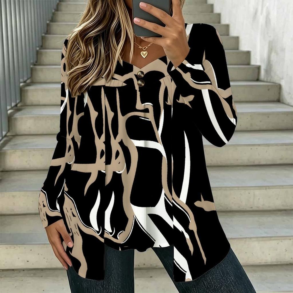 Oversized Ladies Square Neck Long Sleeve T Shirt Double Layer Front Floral Printed Loose Casual Everyday Top