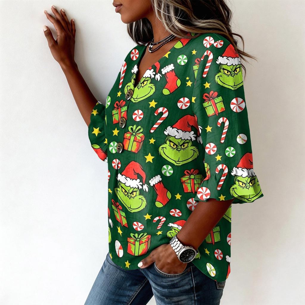 Women's Casual Christmas Print Button Front Top with Lace Sleeves