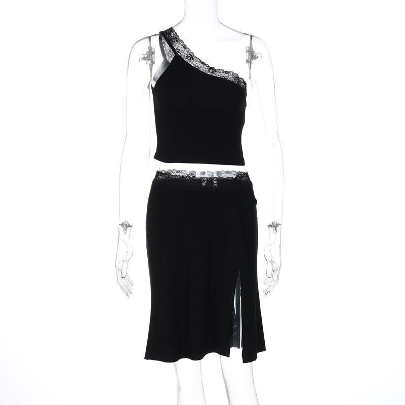 

Gusty French Pure Desire Sexy Lace Edge Fashion Suit Diagonal Collar One Shoulder Waist Trimming Spaghetti Straps Tops + Split Skirt Black S