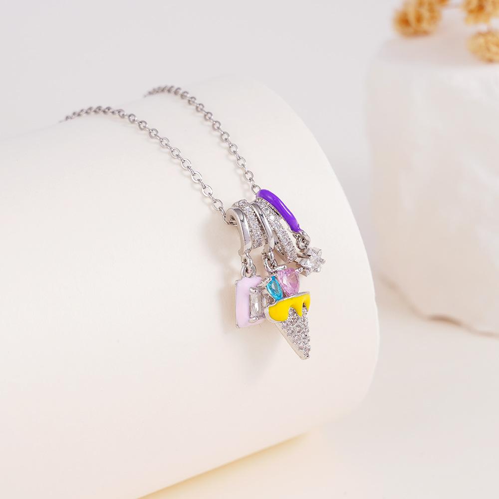 Fashion Zircon Daisy Fish Tail Ice Cream Charms Necklace for Women Girls Stainless Steel Chain Sweet Cute Jewelry Christmas Gift