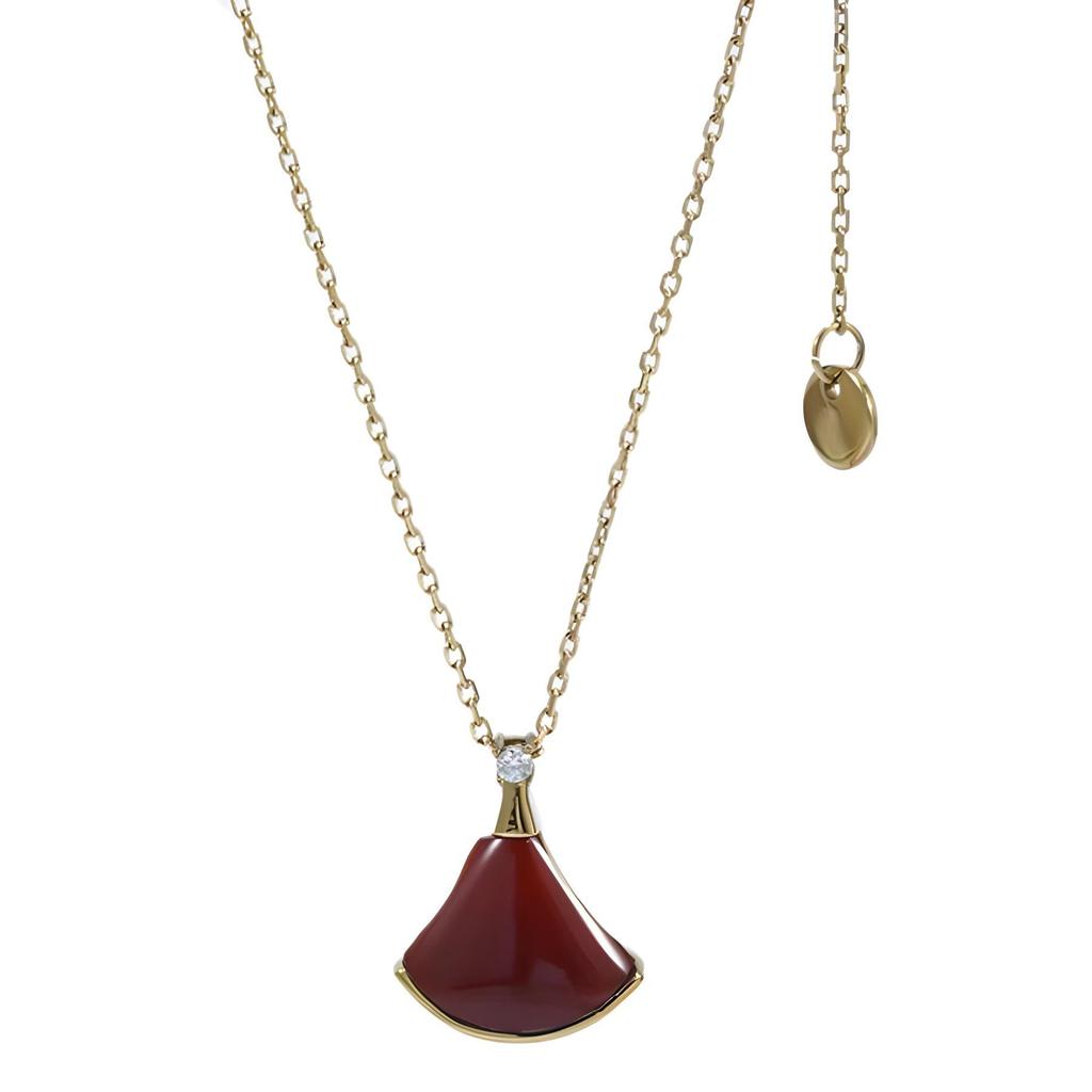 18K Gold Dress Necklace: Mother-of-Pearl & Rose Gold Fan-Shaped Chalcedony Pendant with Red Heart On Clavicle Chain