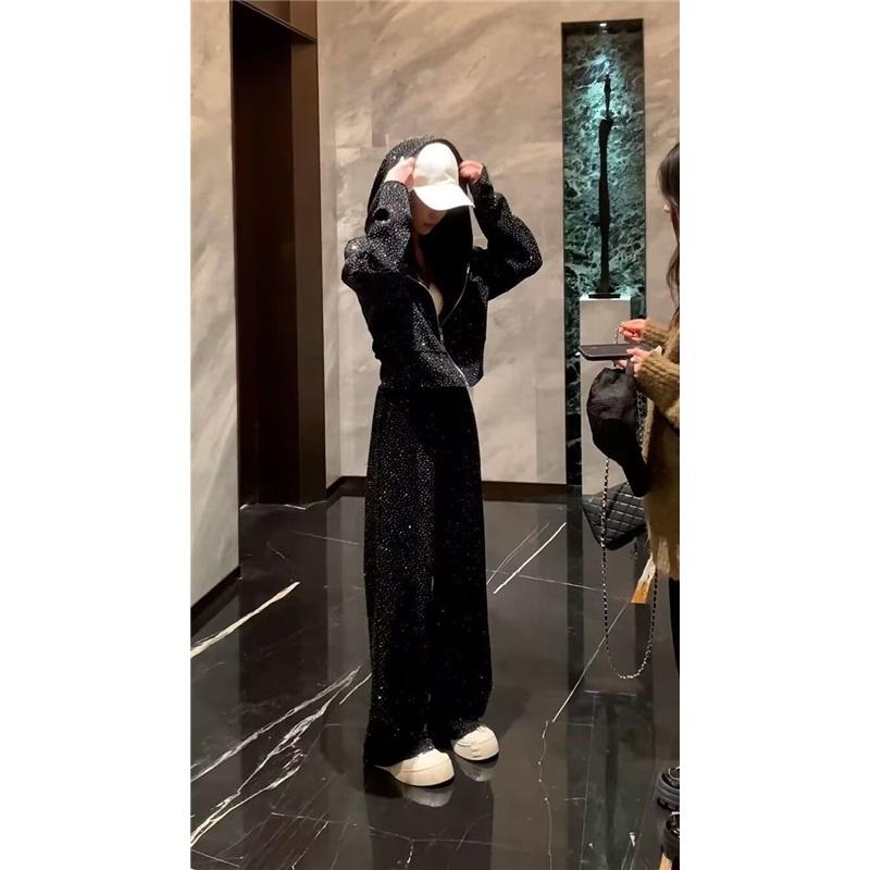 Neuer Glänzender Trainingsanzug für Damen Locker sitzender Hoodie Weite Hosen Lässiges Outfit