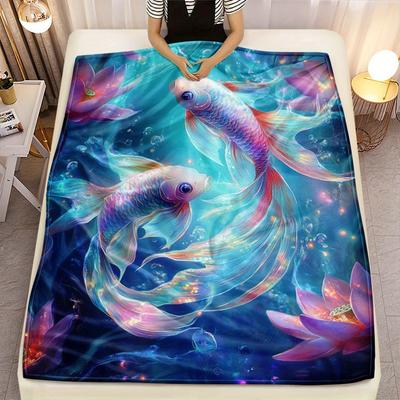 Colorful Koi Fish Lotus Flower Underwater Scene Soft Flannel Blanket Aquatic Art Design Living Room Bed Cover Decorative Blanket