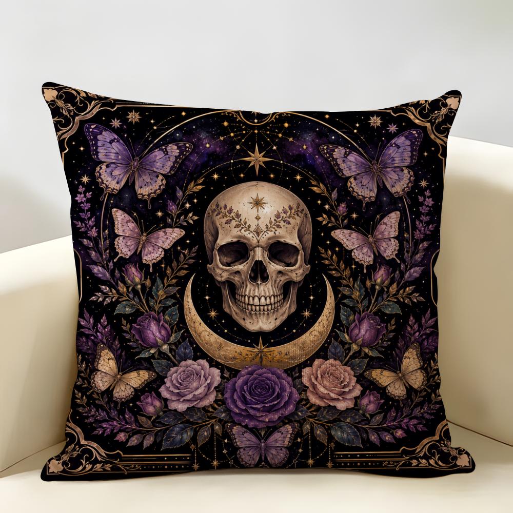 Elegante Totenkopf & Blumenmuster Kissenbezug Langlebig Hypoallergen Bio-Leinen Kissenbezug Kurze Größe Waschbar Hautfreundlich 30cmx30cm(12x12Inch) brown