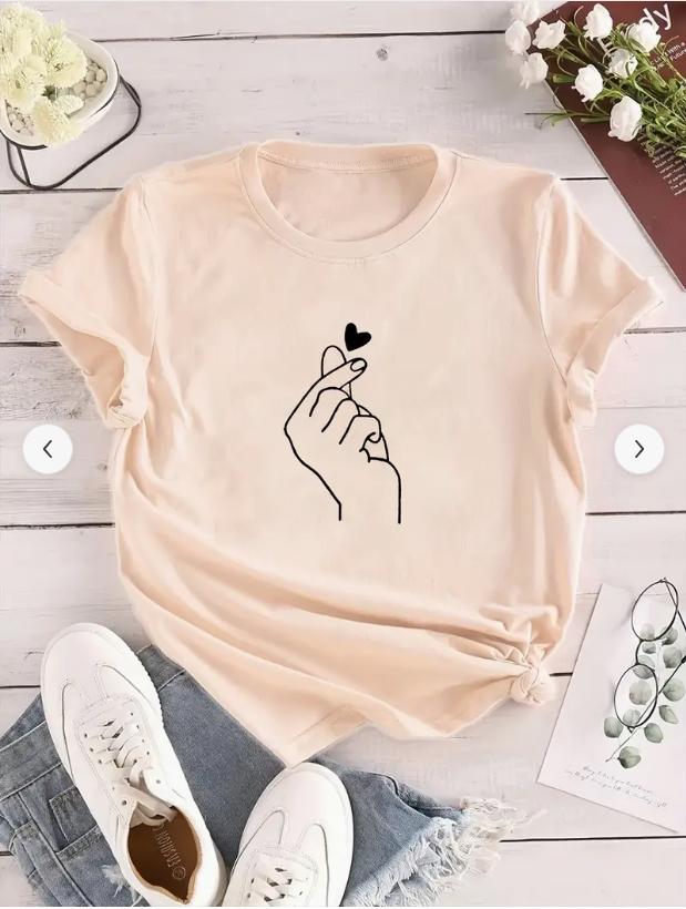 Fashion Women Simple Fingers Compared to Heart Print T Shirt Funny Casual O-neck Short Sleeves T-shirt Summer Female Tee Shirt